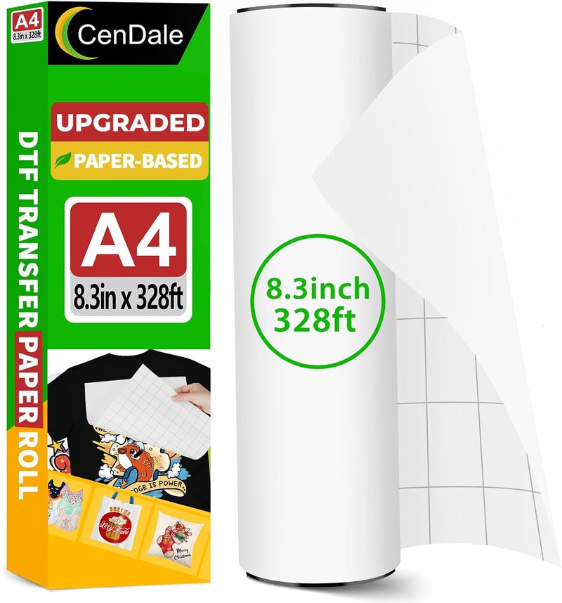 CenDale Upgraded DTF Paper Roll 8.3” x 328ft - Paper Based A4 DTF Transfer Paper Roll for DTF Printer, Eco-Friendly, No Jamming, No Smear, Hot/Cold Peel A4 DTF Roll Paper for Dark & Light Tshirt - Image 1